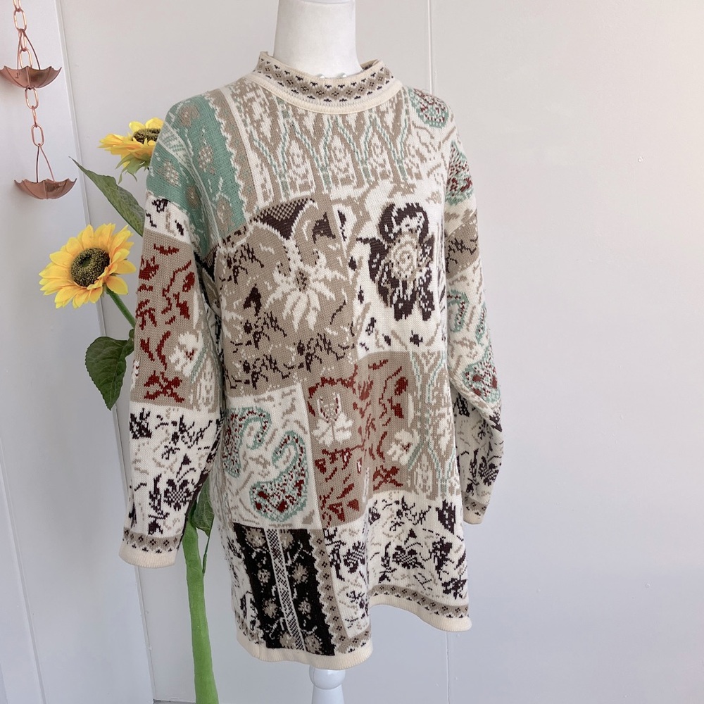 Vintage 80s 90s Earth Tones Patchwork Paisley AOP Abstract Print Chunky Sweater